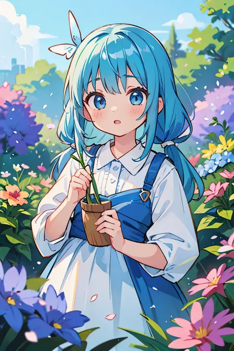 girl、blue hair、blue eyes、flower garden、Petals flutter