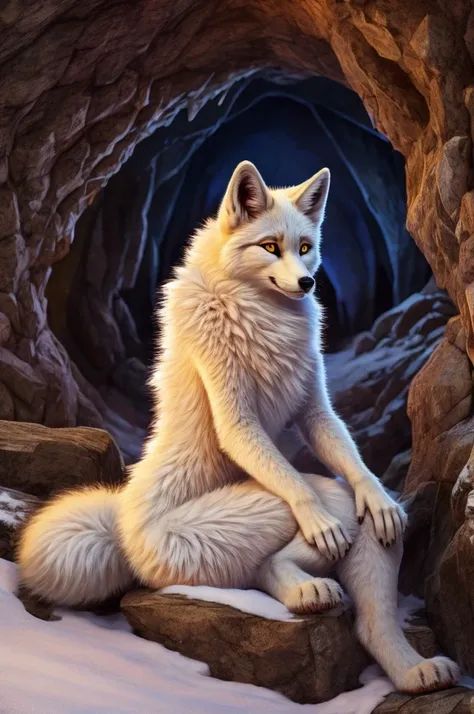 Female anthropomorphic arctic fox, highly detailed fur, yellow eyes, small breasts, in a snowy cave