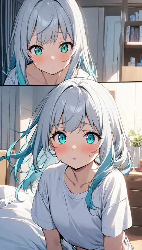 1girl、young girl、white hair、long hair、bangs、bright aqua eyes、white T shirt oversized、bust-up、bedroom 