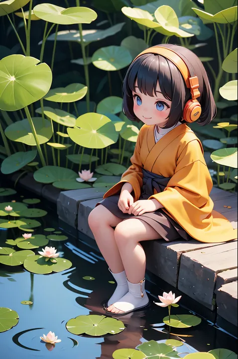 Cute little monk smiling while listening to lectures by the lotus pond， There are lotus raindrops