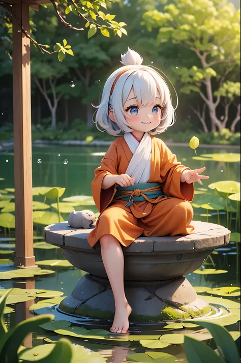 Cute little monk smiling while listening to lectures by the lotus pond， There are lotus raindrops