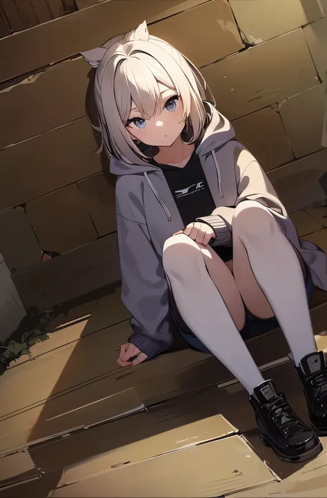 masterpiece, best quality,  girl, sitting on the sidewalk, back against a wall, sweatshirt, hooded sweatshirt, denim shorts, seen from the front, front, open legs, sidewalk, low wall, street, ((ground level shot, dutch angle shot:1.4)),