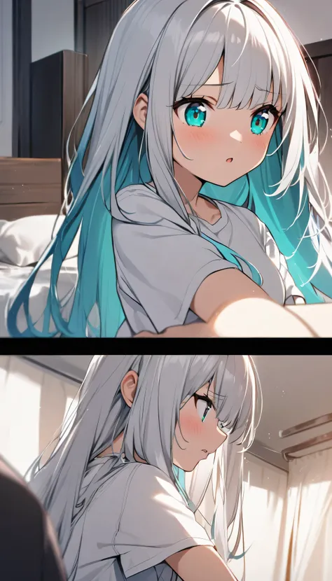 1girl、young girl、white hair、long hair、bangs、bright aqua eyes、white T shirt oversized、bust-up、bedroom 