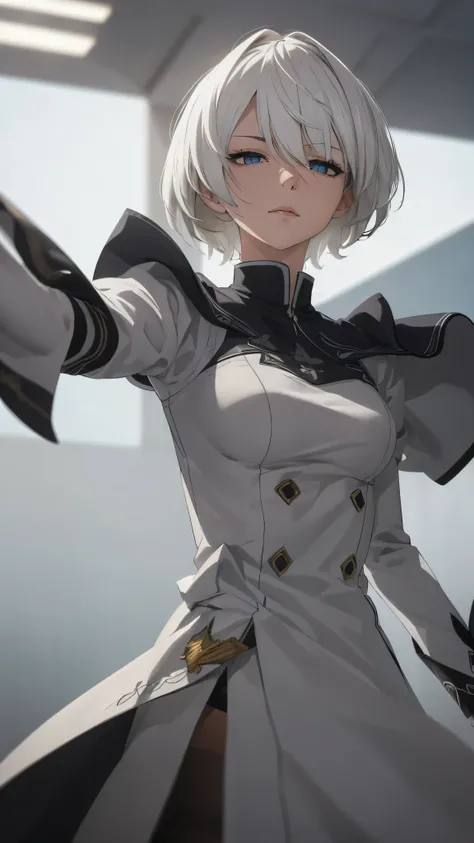 extremely detailed CG unity 8k wallpaper), (masterpiece), (best quality), (ultra-detailed), (best illustration), (best shadow), (absurdres) ,(detailed eyes), 2b, 1girl, short hair, white hair, solo, Intimidating women, admiral uniform, night, hero pose, wh...