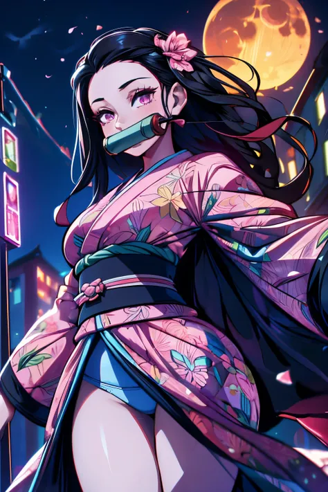 masterpiece, (pink kimono), seductive face, good lighting, low-cut, fine details, masterpiece, 1girl, black hair, gag,  Nezuko Kamado, old twon,night time,moon,masterpiece, best quality, POV, wide hips,