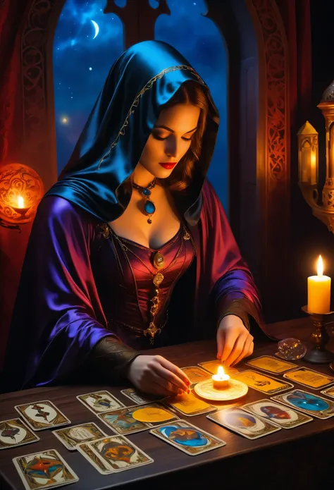 A beautiful and mysterious fortune teller in a compact and intriguing setting. The fortune teller is wearing a cloak, with exquisitely detailed facial features.
The scene is dimly lit, creating an atmosphere of uncertainty and anticipation. The fortune t...