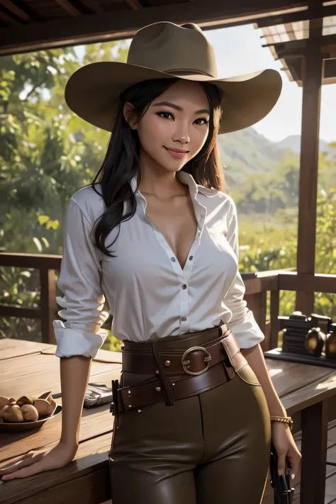 full body ,Thai women in cowboy style,shirt,Khaki hunter pants ((holding a rifle)),sniper set,shirt leather jacket,Wrap the gun belt around your waist.,leather holster,cowboy hat,Create images of beautiful women around the world.,Especially while reflectin...