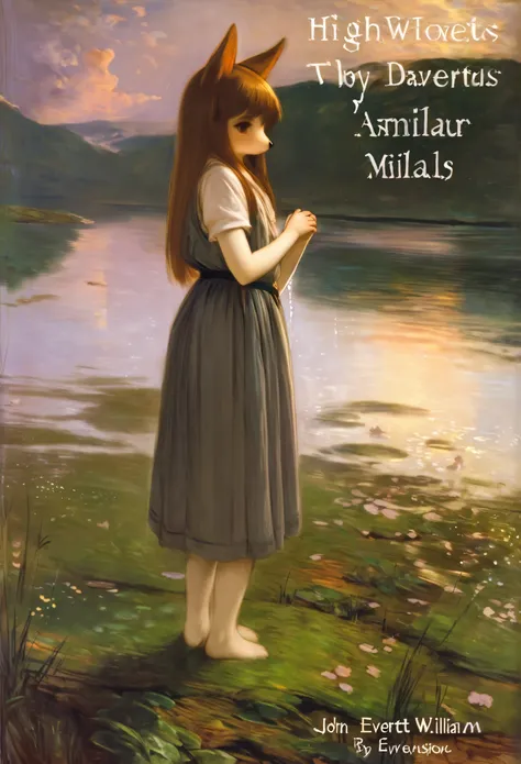 High-quality illustrations by John William Waterhouse, by Sir John Everett Millais, cover_page, highres, absurdres, detailed background, lake, dawn, detailed forest, clouds, Mysterious and romantic atmosphere, caustics surface(refraction, polarization:1.2)...