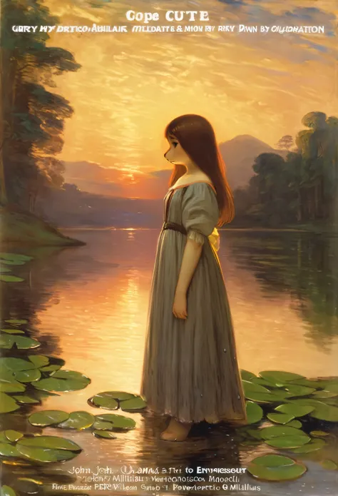 High-quality illustrations by John William Waterhouse, by Sir John Everett Millais, cover_page, highres, absurdres, detailed background, lake, dawn, detailed forest, clouds, Mysterious and romantic atmosphere, caustics surface(refraction, polarization:1.2)...