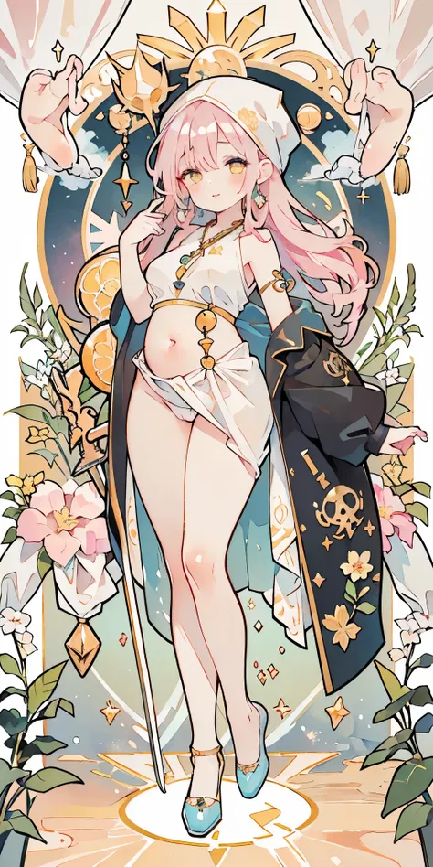 pink hair, birdie, absurdres, highres, ultra detailed, beautiful, masterpiece, best quality, (1girl:1.2), Medieval, ((tarot)), bard, dancer, bare shoulders, cane, sword, shield, crystal, Gather Dresses, coat four, ((Lightweight clothes, sunscreen, pumps, h...