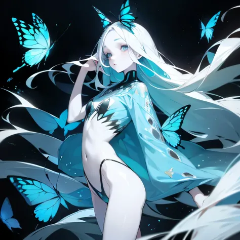 Pale skinned woman,64, ocean coloured eyes,slim figure,long hair with water texture. Wears clothes with blue butterflies on it. Has butterfly antennas. Had a stern loon on her face