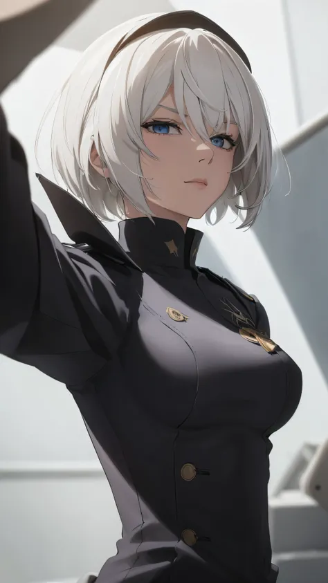 extremely detailed CG unity 8k wallpaper), (masterpiece), (best quality), (ultra-detailed), (best illustration), (best shadow), (absurdres) ,(detailed eyes), 2b, 1girl, short hair, white hair, solo, Intimidating women, admiral uniform, night, hero pose, wh...