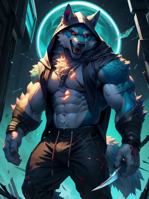 solo,anthro,furry,furry male, wolf,((fluffy fur,fluffy,furry body)), scars, Wolf print), Teal body, lime green glowing eyes, black sclera, tail, detailed fluffy fur,detailed face, detailed eyes, grey chest, beige abs,(huge pectorals:1.1), (sword), glowing ...