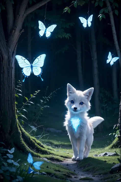 Spirit animal, score_9, score_8_up, score_7_up, score_6_up, score_5_up, score_4_up, ethereal ghost baby fox, adorable, cartoon character, glowing blue eyes, glowing butterflies, night time fantasy forest, realistic, extremely detailed, no humans