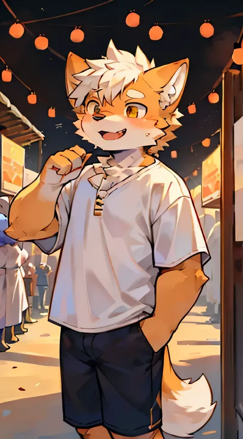 furry,fur,body fur,alone,male,super happy,((festival)),short sleeves,Character focus,Face focus,The only person in the white shirt，hairy male，hairy body，exhibit，Shiba Inu，canine，orange fur，long white hair，squinting，squinting，mouth slightly open，Being bulli...