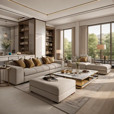 ultra realistic, masterpiece, best quality, super detailed, ultra high res, raw photo, 8k, a modern livingroom, (fabric sofa), (fabric pillow), stone opaque resin panel, brown and white, luxury, in the style of enchanting lighting, light gold and light bla...
