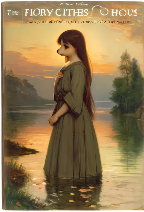 High-quality illustrations by John William Waterhouse, by Sir John Everett Millais, cover_page, highres, absurdres, detailed background, lake, dawn, detailed forest, clouds, Mysterious and romantic atmosphere, caustics surface(refraction, polarization:1.2)...