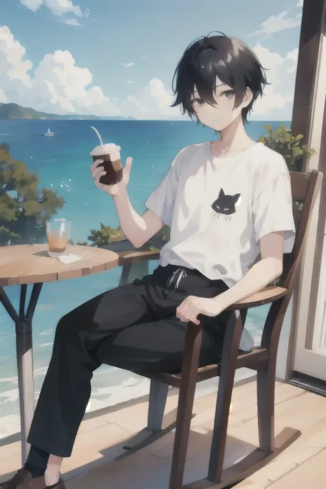 The morning sun is beautiful、On a hill with a view of the sea、at a distance、Short-cut man with black hair、With a cute cat、While sitting in a rocking chair、Shirts and、Wearing black pants、Drink coffee while looking at the sea　back view