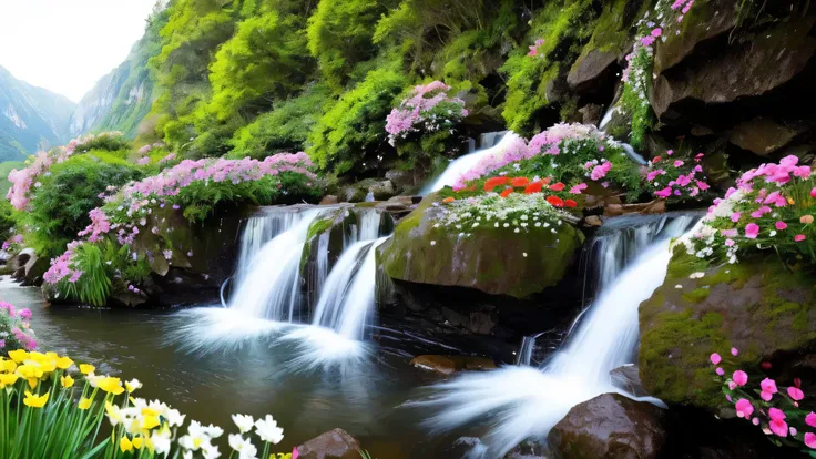 a close up of a waterfall with a bunch of flowers on it, flowers and waterfalls, peaceful beautiful waterfall, beautiful stunning waterfall, waterfalls and lakes, beautiful waterfall, stunning waterfall, floating waterfalls, beautiful nature, lakes and wat...