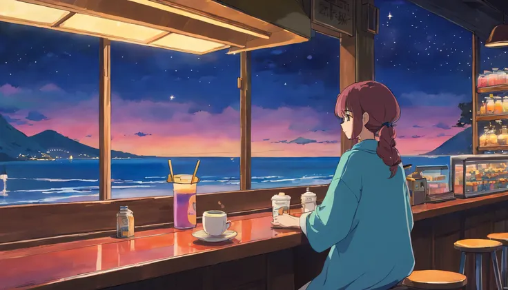 European girl barista brews coffee at the cafe counter, A back view of a person leaning on his elbows and looking out at the sea，dream, please wear headphones, night light, Neon landscape on a rainy day, analog color theme, lo-fi hip hop , retrospective, f...