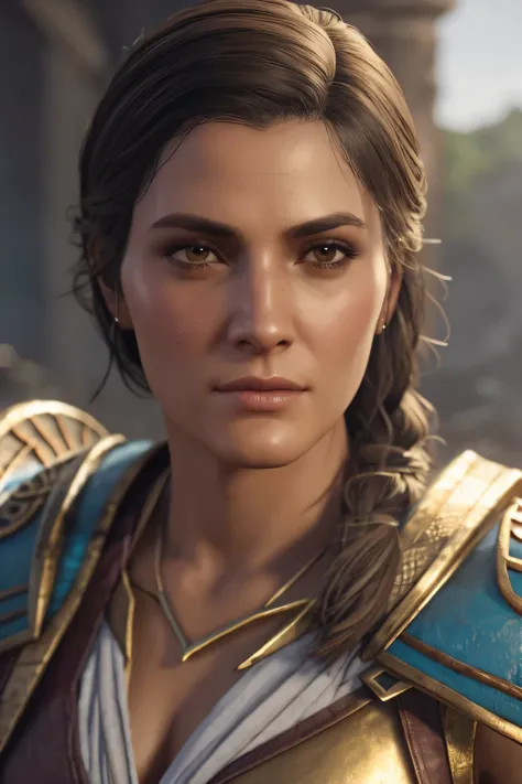 extremely detailed Kassandra Assassins Creed Universe,Detailed Lips, Detailed Eyes, detailed eyelashes, detailed face, textured skin, super detail lighting, mid body shot, 