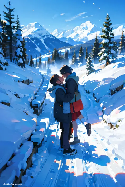 two man kissing in the snow mountain