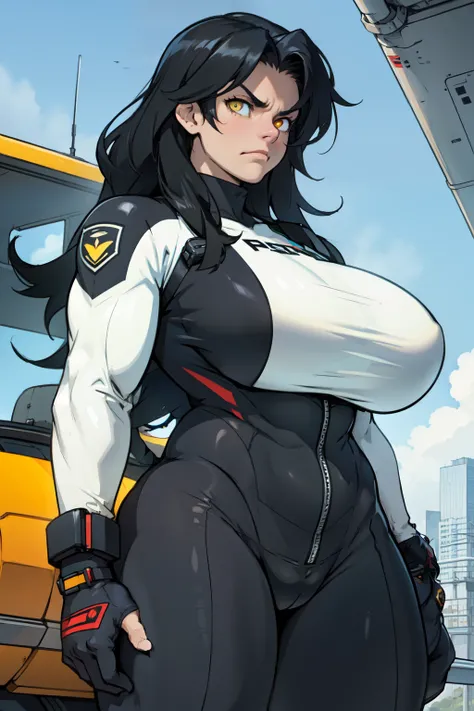 very long hair huge muscles huge thighs yellow eyes black hair pale girl bodysuit pilot skintight sad frown huge breasts