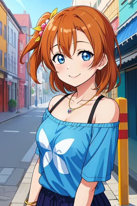 masterpiece, best quality, wallpaper, upper body, kousaka honoka, blue eyes,off shoulder t-shirt, necklace,pixel_art,in street ,...