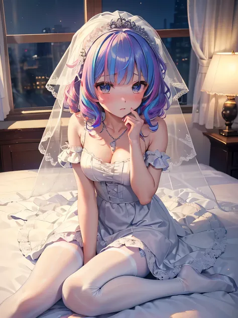 ultra-detailed、(8k, RAW photo, best quality, masterpiece:1.2), (extremely detailed 8k wallpaper),professional lighting,sharp focus, depth of field、()fullbody),((Beautiful Bride)),((fluffy short bob、rainbow colored curl hair、curly hair))、(complete wedding d...