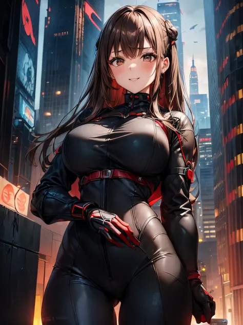 highest quality、complete limbs、Beautiful woman、solo、((brown haired woman:1.4))、((A woman with a tied hairstyle))、big breasted woman:1.、(((A woman wearing a black and red cyber suit:1.3)))、smile、skyscrapers at night、woman with hands on hips