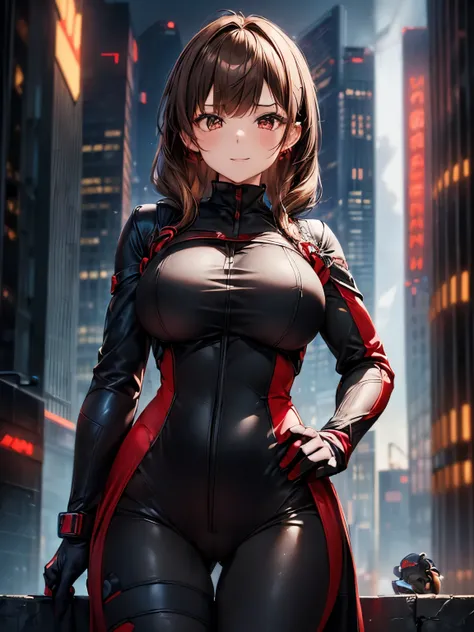 highest quality、complete limbs、Beautiful woman、solo、((brown haired woman:1.4))、((A woman with a tied hairstyle))、big breasted woman:1.、(((A woman wearing a black and red cyber suit:1.3)))、smile、skyscrapers at night、woman with hands on hips