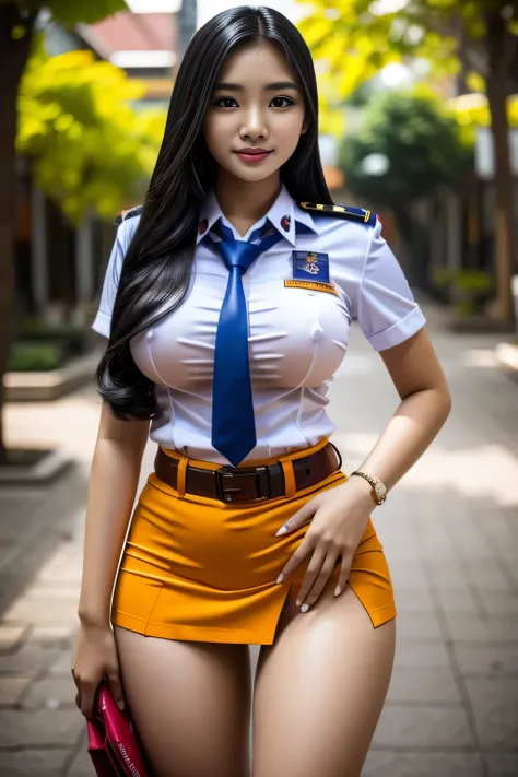 Beauty Indonesian woman in student uniform, beauty big breast, show pubic hairs, vivid colors, bokeh