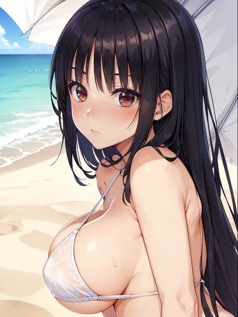 ((highest quality, High resolution,  perfect pixel, written boundary depth, 4k)), 1 girl,  beautiful anime girl, 
close, looking at the viewer, 
perfect body, 
primary school student, 
sntm, huge breast, long hair, dark hair, 

white micro bikini, 
(blush:...