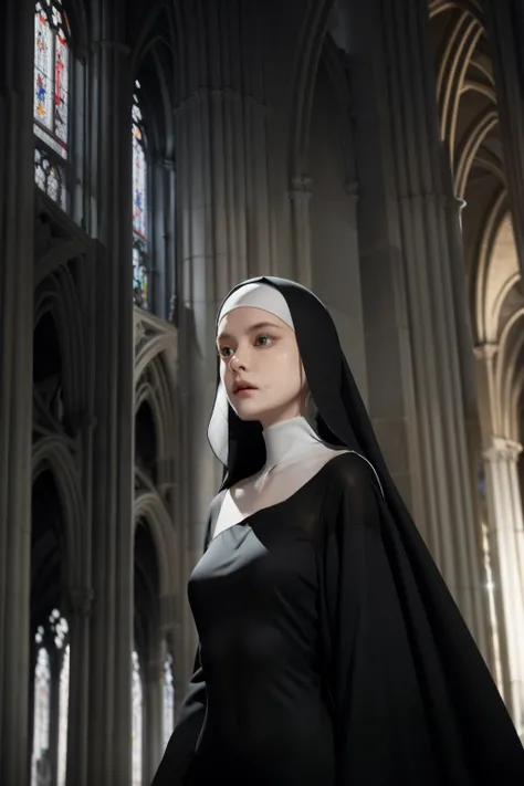 A nun with red hair and green eyes clad in gray clothes stands frightened in the cathedral, her semi-transparent habit revealing delicate outlines. her thin glossy lips quiver in fear as her detailed eyes express a deep sense of disturbance. The multiple a...