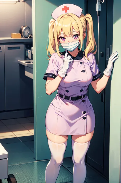 1girl, solo, nurse, nurse cap, white nurse uniform, ((white legwear, zettai ryouiki)), white gloves, twintails, yellow hair, purple eyes, ((white surgical mask, covered nose)), standing, ((hospital room)), sharp outline, short sleeves, best quality, master...