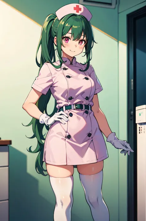 1girl, solo, nurse, nurse cap, white nurse uniform, ((white legwear, zettai ryouiki)), white gloves, ponytail, green hair, pink eyes, smile, standing, ((hospital room)), sharp outline, short sleeves, best quality, masterpiece