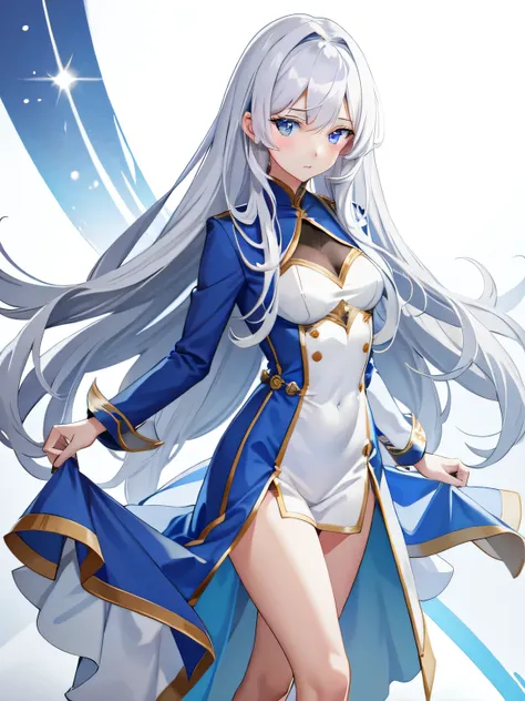 silver hair、blue eyes、woman、1 person、medium long hair, a tight-fitting suit that clearly shows your body shape、