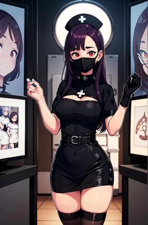 black nurse, 1woman, solo, black nurse cap, black nurse uniform, ((black legwear, zettai ryouiki)), black elbow gloves, long hair, purple hair, red eyes, ((black surgical mask, covered nose)), standing, ((surgery room)), sharp outline, short sleeves, matur...