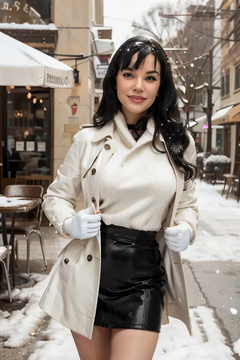 30 years old bettie page, makeup, olive skin, curly black hair (middle lenght), outside in front of the coffee shop , winter times, snow falling, daylight seductive smile, longest ever white leather trench , white wool sweater, high white boots, maxy wool ...