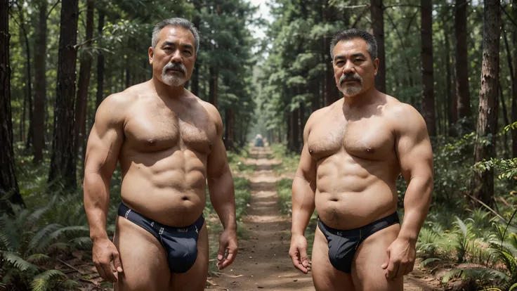 2 Vietnamese grandfathers with gray hair, mature face, a thick mustache, a short chin beard, bear body, wearing a massive bulging gray jockstraps standing at the pine forest, have belly, big muscular chest, a sexy pose.
