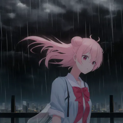 masterpiece, best quality, city background, rainy, bare legs, 1girl, solo, upper body, bow, serafuku, satou