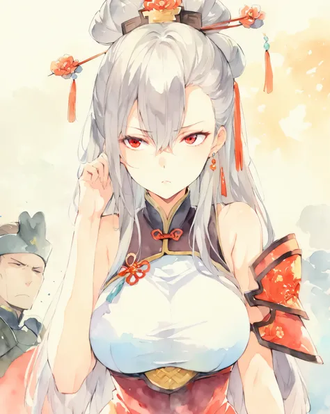 masterpiece, best quality, watercolor (medium), Queen of China, 1 girl, breast, alone, long hair, split, gray hair, red eyes, Shut up, earrings, Bangs, jewelry, skirt, bare shoulders, sleeveless, hair between eyes, 单pauldron, looking at the audience, large...