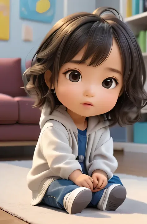 Create a 3D, Pixar-style animation of a 6-year-old girl sitting on the floor of a living room, playing with her dolls. On the wall, there must be a painting with the international autistic symbol.