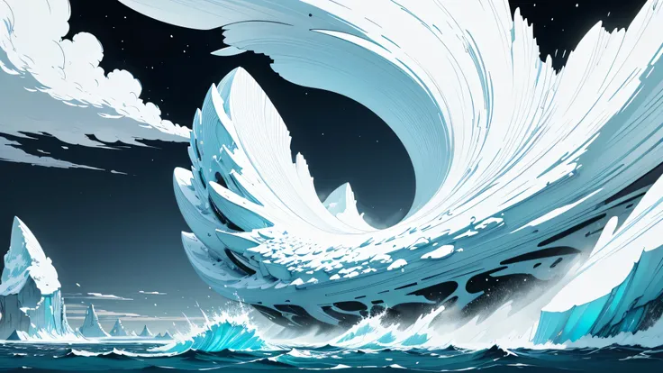 Background image；Background image composed of ice and snow。ice and snow，iceberg，Big Storm，Windswept clouds；illustration style，comic style，American comics，print style，Stroke，line drawing，thick lines。(masterpiece, best quality)