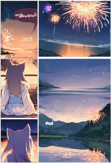 top quality, best quality, highres, masterpiece, super high resolution, detailed background, lake, nigh sky, firework, japanese yukata, absurdres, perfect anatomy, good lighting, cinematic shadow(1girl, kemono, furry anthro)assorted expressions, assorted p...