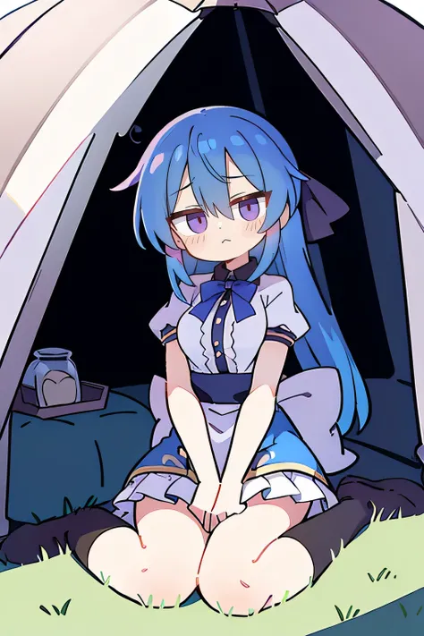 (masterpiece),best quality, expressive eyes, perfect face,sit, sit on ground, legs on the ground, 1girl,
big breasts, H cup, Good breasts, Put your hands on your waist,Fair, Gorgeous,japanese manga,girl,Laura,young angel, blue hair, blue haired,tent , tent...