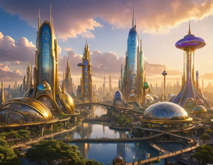 (golden hour lighting), megacity, megalopolis of an imaginary world of science fiction , parecido a una disneylandia futurista, and maximum fantasy, con inmensos edificios y rascacielos ovalados y dodecaedricos agrupados de metal y cristal donde predomina ...