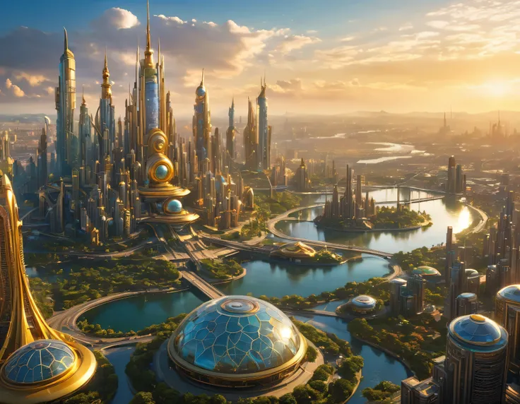 (golden hour lighting), megacity, megalopolis of an imaginary world of science fiction , parecido a una disneylandia futurista, and maximum fantasy, con inmensos edificios y rascacielos ovalados y dodecaedricos agrupados de metal y cristal donde predomina ...