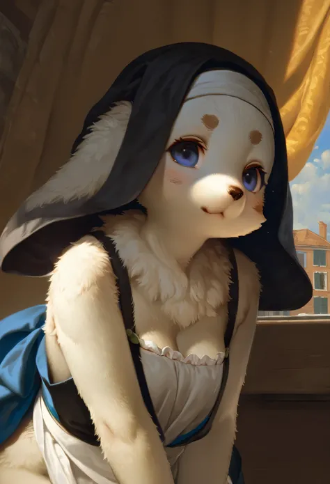 highres, top quality, best quality, paid reward available, High-quality illustrations by Johannes Vermeer, unparalleled masterpiece, perfect artwork, absurdres, perfect anatomy(highly detailed beautiful face and eyes)(angelic cute 1girl, kemono, solo focus...