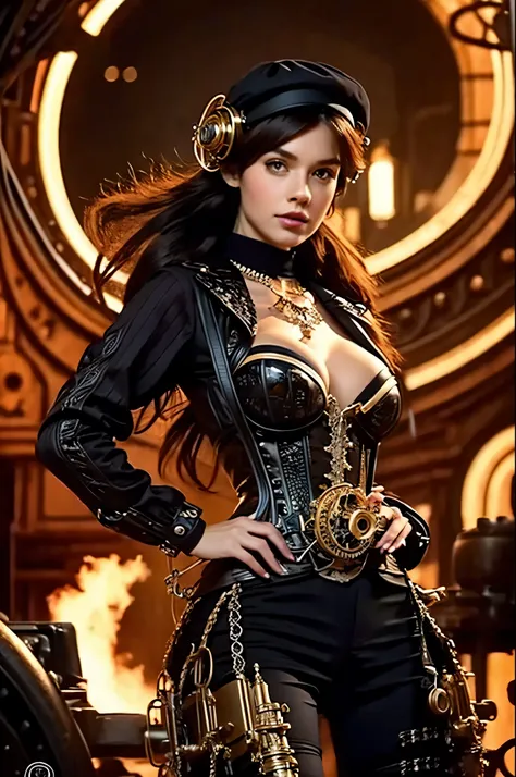 Create a mesmerizing image of a steampunk pin-up engineer in a Victorian-inspired outfit, surrounded by swirling gears and atmospheric steam. Emphasize intricate details like brass accessories and whimsical inventions, while capturing the engineers confide...